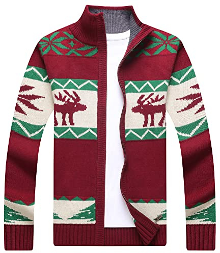 Kedera Herren Strickjacke Pullover Stehkragen Zopfmuster Dicker Strick Full Zip Pullover mit Muster, Red_02, Groß