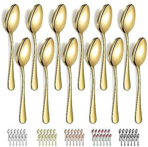 Evanda Gold Dinner Spoons 12 Pieces, Gold Titanium Plating Stainless Steel 18.5cm Spoons, Dessert Spoons, Table Spoon, Soup Spoons, Easy to Clean, Dishwasher Safe, EV.1010DS.G12