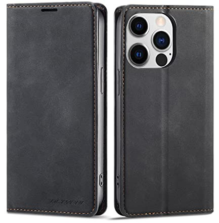 QLTYPRI Hülle für iPhone 15 Pro (6,1 Zoll), Premium Dünne Ledertasche Handyhülle mit Kartenfach Ständer Flip Schutzhülle Kompatibel mit iPhone 15 Pro - Schwarz