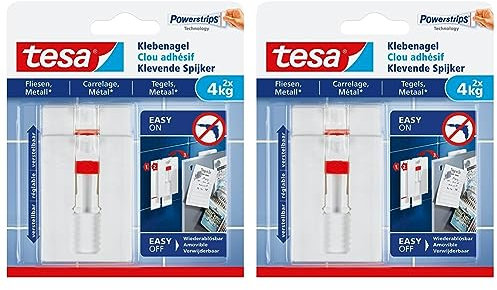 tesa Klebenagel Fliesen&Metalll, verstellbar, 2 Stück - anpassbarer Klebenagel für glatte und feste Oberflächen in Bad und Küche, 4 kg Haltekraft - ablösbar und wiederverwendbar (Packung mit 2)