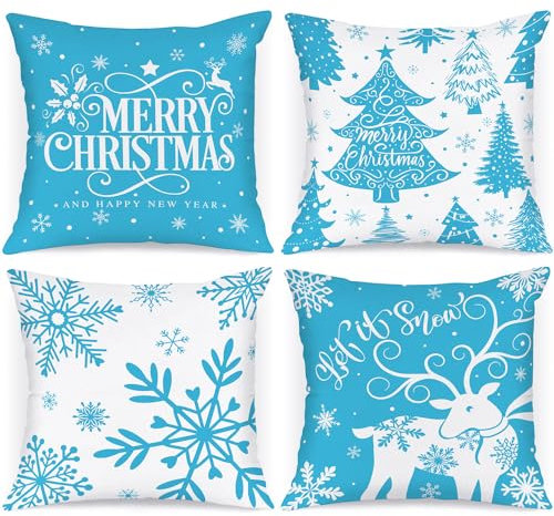 Lanpn 4 Stück Weiß und Blau Kissenbezug Weihnachten Kissenhülle 45x45 cm, Winterliche Schneeflocken Dekorative Weihnachtskissen für Weihnachtsdeko Christmas Bettwäsche Sofa Decorations (Hellblau)