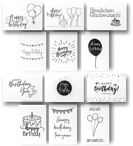 Freyheit | 12x Stilvolle Geburtstagskarten (Format A6) | Schwarz-Weiße Geburtstagskarten Klappkarten mit hochwertigem Kraft Umschlag