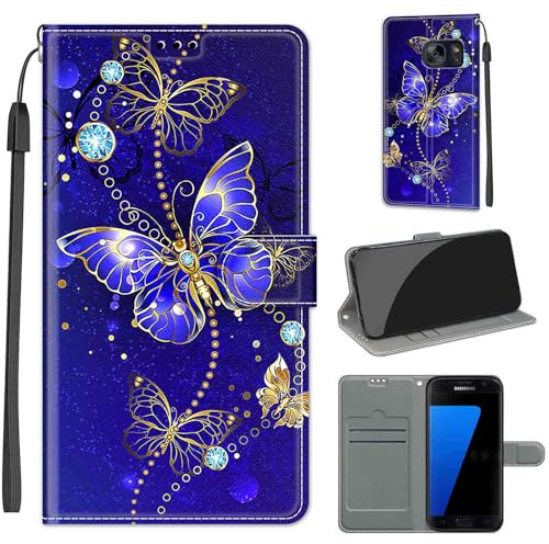 Handyhülle für Samsung Galaxy S7, Schmetterling | Premium Leder Flip, Klappbar, Stoßfest, Magnetisch, Standfunktion, Kartenfächer, Wallet Handyhülle