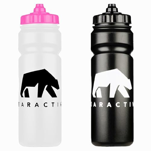 Bearactive 2x Sports Bottle UK Made Lightweight Sports Water Bottle 750ml with Valve Sprout - BPA Free Plastic, Dishwasher and Leak Proof - for Gym, Bike, Running, Hiking, Football - Black & Pink