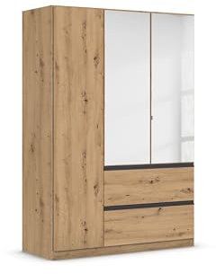 Rauch Möbel Costa, Drehtürenschrank, Kleiderschrank, 3-türig, 2 Spiegeltüren, 2 Schubkästen, Eiche Artisan, Holz, Push-to-Open, Griffprofil grau-metallic, 136x197x54 cm