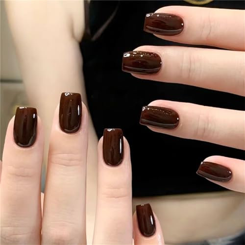 Lot de 24 faux ongles carrés courts couleur marron brillant à presser pour manucure pour femmes et filles
