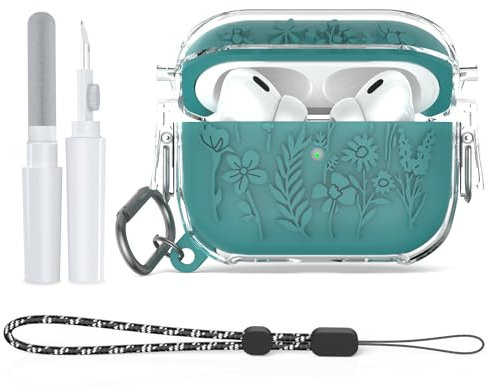 [4 in 1] Silikon Hülle für AirPods Pro 2, MOWYEOK PC-Silikon-Liner Zwei-in-Eins-Schutzhülle Mit Schlüsselband, Karabiner, Reinigungsstift, Für Apple Airpods Pro 2[Front-LED sichtbar] - Grün