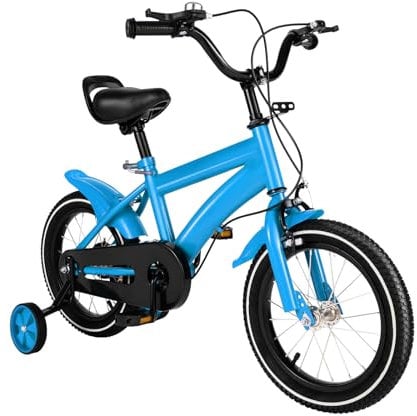 HuKaiL 14 Zoll Kinderfahrrad, Jungen Mädchen Fahrrad, Kinderrad für ab 3-6 Jahre, Blau Höhenverstellbares Ausbildungsfahrzeuge mit Stützräder, Kinderrad mit Duales Bremssystem