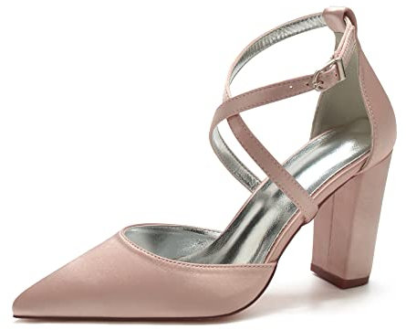 Scarpe da Sposa con Tacco Largo in Raso da Donna A Punta Décolleté con Cinturini Incrociati Scarpe da Matrimonio in Raso,Dusty Rose,37 EU