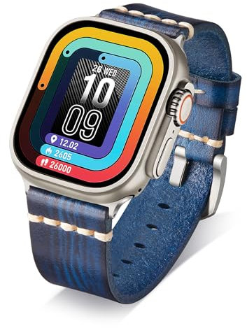 BINLUN Leather Strap Compatible with Apple Watch 38mm 40mm 41mm 42mm 44mm 45mm 46mm 49mm Handmade Retro Band Compatible with iWatch Series 10 9 8 7 6 5 4 3 2 1 SE SE2 Ultra Ultra2, 49mm, Blue