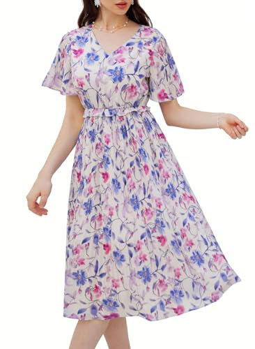 GRACE KARIN Robe Florale pour Femme Robe Trapèze à Manches Courtes Évasées Robe Casual Chic et Élégante L Imprimé Violet et Bleu
