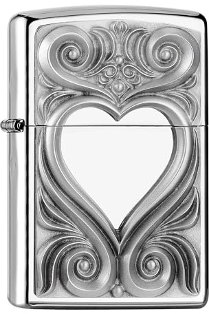 Zippo Windproof Lighter, Antique Heart Design – High Polished Chrome, Emblem – Refillable, Reusable, Windproof Design – Comes in Gift Box – Made in USA