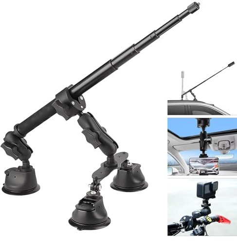 LIROPAU Dreifach-Saugnapf Kfz-Halterungs Set, Saugnapf Auto Halterung für Insta360 Gopro Akaso Action Kamera, 112 cm Selfie Stick, Dreifach Saugnapfhalterung für Windschutzscheibe und Fenster