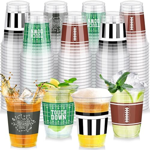 Kochorie 120 Pieces Football Disposable Plastic Cups Bulk 16 Ounces Clear Football Party Cups Drinking Printed Cups for Football Themed Holiday Party Supplies Favors