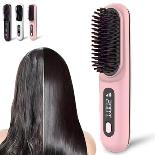 Brosse à lisser sans fil Bellabrush Pro, brosse Bella Pro, peigne à lisser portable sans fil pour tous les types de cheveux (rose)