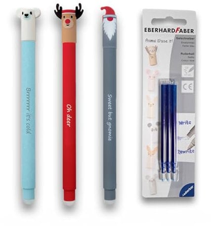 Eberhard Faber Animal Erase Stifte korrigierbare Gelschreiber Weihnachten Eisbär, Wichtel und Rentier + 3er Pack Minen blau (Weihnachtsset + Minen) (Weihnachsset + Minen)