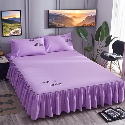 Epinki Bett Rock & 2er Kissenbezüge 200x220cm Set 3tlg Hotel, Kräuseln Bettrock Tagesdecke Einfarbig Hellviolett Matratzenschutz, Polyester Betthusse Volant für Boxspringbett & Wasserbett