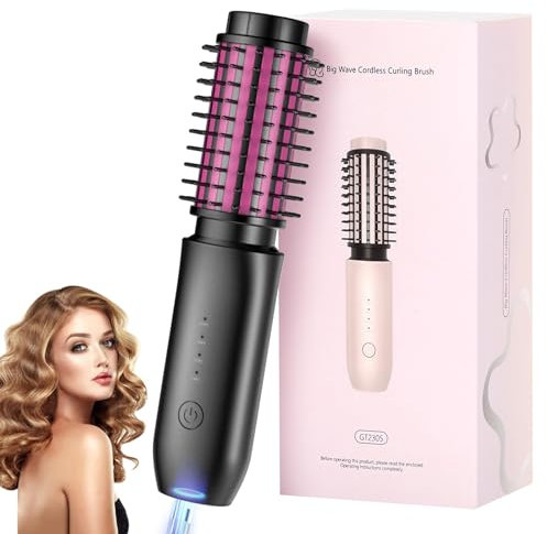 TGFIX BH01 Kabellose Lockenstab 2 in 1 Tragbare Thermobürste 50mm Anti-Verbrühung Lockenbürste Aufladbare 7000mAh USB Thermal Brush Geschenke für Frauen Mutter zum Muttertag, Schwarz