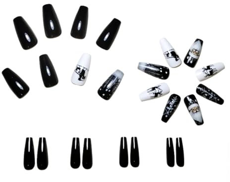 Künstliche Nägel zum Aufdrücken mit Weihnachtsbaum und Rentier-Designs, glänzend, volle Abdeckung, 24 Stück