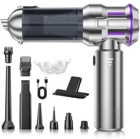 Handstaubsauger, 22000Pa 4-in-1 Handstaubsauger Akku Kabellos mit 1-Knopf-Selbstentleerung, Bürstenloser Motor Mini Staubsauger, 3 Stufen Saugstärke, Auto Staubsauger für Haus/Auto/Tierhaar, Silber