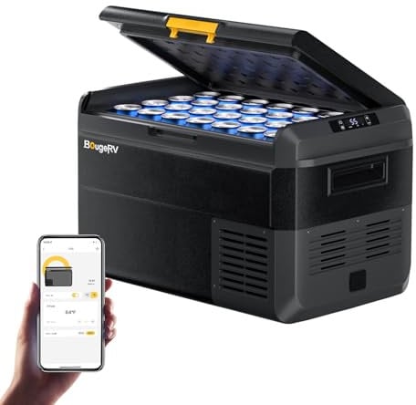 BougeRV CRS 40L Kompressor Kühlbox 12V/24V 230V mit APP Steuerung Integrierter Korb Tragbare Auto Kühlbox Gefrierbox Camping Kühlschrank Elektrisch IPX4 wasserdicht für Reisen Boot Angeln -20℃~20℃