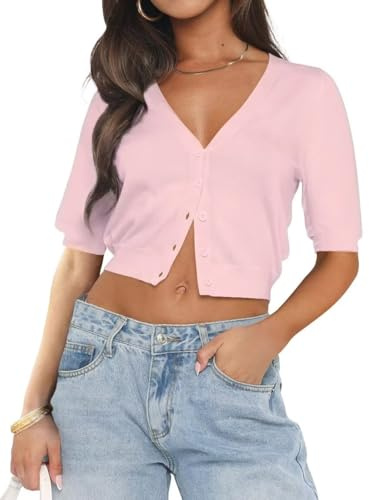 LACOZY Cardigan Sweaters for Women Summer Lightweight Cropped Open Front Knit Sweaters Fashion Button Down Top Pink S