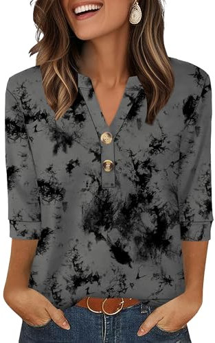 Aokosor Womens 3/4 Sleeve Tops Ladies Blouse V Neck Tunic Long Sleeve T Shirts Curved Hem Office Wear Grey Black Floral Tops for Women UK Size 10-12