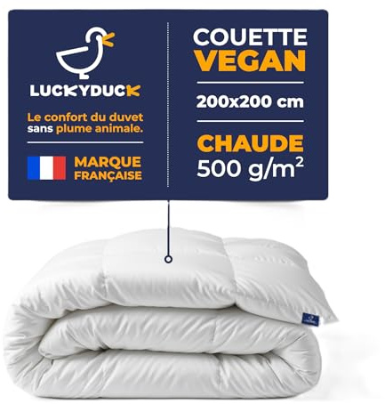 Couette Chaude Luckyduck 200x200 - Isolation Renforcée - Garnissage Dense - Percale Coton Blanche - Confort Thermique Hiver - Lavable en Machine