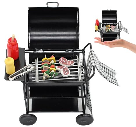 Lawnrden Miniatur BBQ Grill, Dollhouse Küchenmöbel 1:12 Puppenhaus -Grillset mit Spieß Steak -Gewürz -Flaschen -Handtuch Puppenhaus BBQ CART Accessoires für Kinder Treat Play