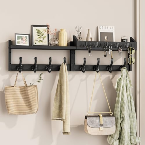 Evermagin 35 Coat Rack Wall Mount with Shelf, 4 in 1 Wall Mounted Coat and Key Hanger with 13 Hooks, Entryway Key Holder with Mail Holder for Living Room, Bedroom, Black