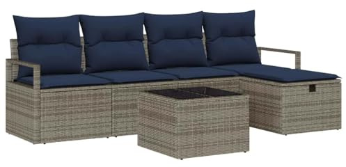 vidaXL Sofa Set mit Kissen Grau und Marineblau Poly-Rattan, Garten- und Terrassenmodul-Couch, leicht, UV-beständig, mit Stauraum, entspannendes Outdoor-Set