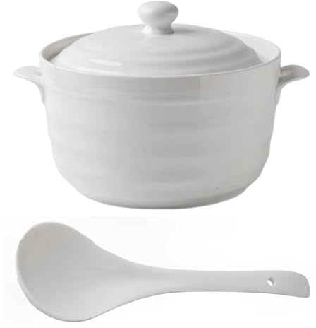 Zuppiera in ceramica da 2,2 l, con coperchio e mestolo, set di ciotole da portata bianche, per ristorante, casa, cucina, decorazione
