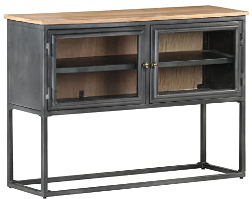 Qnhdfrt Sideboard Grau 100x30x70 cm aus Massivholz Akazie mit Glastüren und Stahlbeinen Modernes Design für Wohnzimmer Flur Schlafzimmer