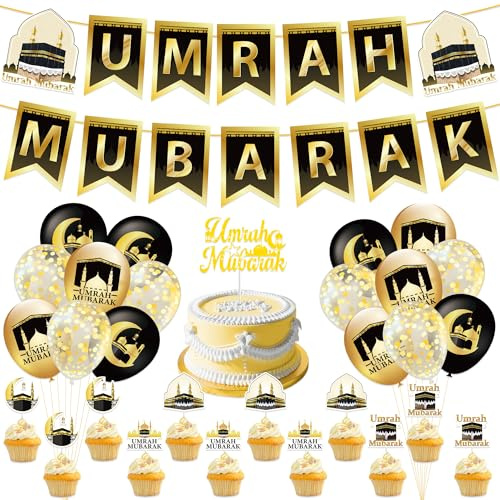 Umrah Mubarak Deko Schwarz Gold Moschee Mondsymbol Flaggen Ballons Kuchen | Schwarz Goldene Moschee und Mondsymbol Flaggen mit Ballons und Kuchendeko, Party Dekoration Geschenkidee Muslimische Feier