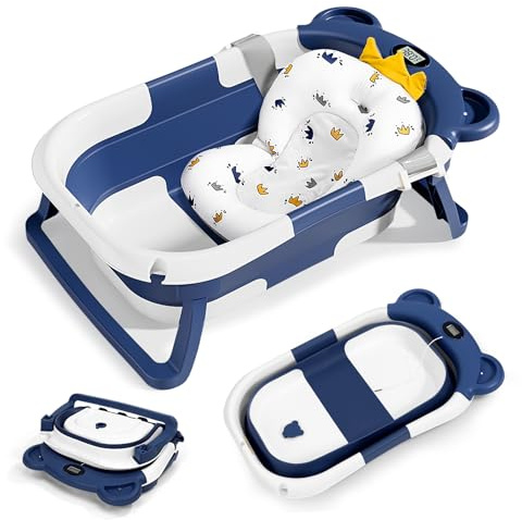 Faltbare Baby Badewanne mit Stützkissen & Badethermometer, Babywanne mit Sitzmatte für Neugeborene Kleinkinder, platzsparende Babybadewanne ab Geburt als Geburtsgeschenke (Blau)