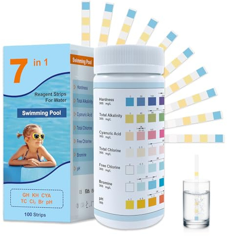 100 Piezas 7-en-1 Tiras pH para Piscina y Acuario, Kit Medicion Agua, Medidor ph y Test de Dureza del Agua, Tiras Para Bañera de Hidromasaje pH Prueba, Para Piscina Spa Jacuzzi