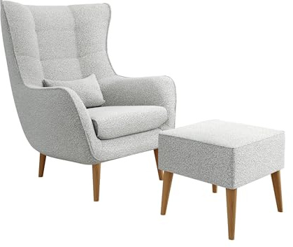 Mirjan24 Sessel Lucio Boucle, Polstersessel, Armsessel, Armchair, Relaxsessel, Fernsehsessel, Loungesessel, Top-Qualität Sitzmöbel, Ohrensessel (Lambi 11, mit Hocker)