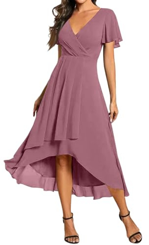 Kleid Hochzeitsgast Damen Curvy Sommer Abendkleider Elegant Für Hochzeit Gast Chiffon Sommerkleid Leicht Midi Festliche Kleider A Linie Tailliert Abschlusskleid Vokuhila Chiffonkleid