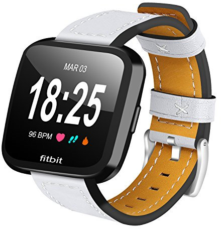 AISPORTS Kompatibel mit Fitbit Versa 2 Armband für Damen Herren, Fitbit Versa Armband Leder Metallschnallenverschluss Armband Ersatzarmband für Fitbit Versa 2/Versa/Versa Lite Smartwatch, Weiß