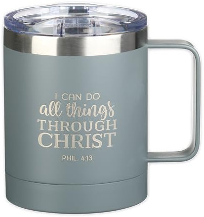 Christian Art Gifts Stainless Steel Double Wall Vacuum Insulated Camp Style Travel Mug 11 oz Gray Coffee Mug with Lid and Handle for Men and Women - All Through Christ -Philippians 4:13