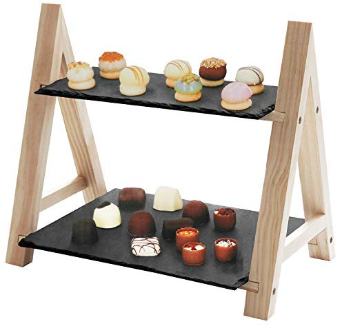 Soporte de servicio con 2 estantes, 29,5 x 20 x 26,5 cm, madera/pizarra, plato de servir, plato para servir, estante