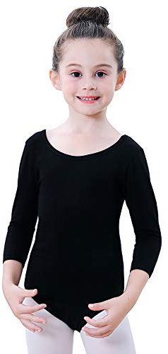 Soudittur Kinder Ballettanzug Baumwolle 3/4 Langarm Ballett Trikot Tanz-Body Turnanzug für Mädchen (Schwarz, Tag 140(Höhe: 135-145 cm))