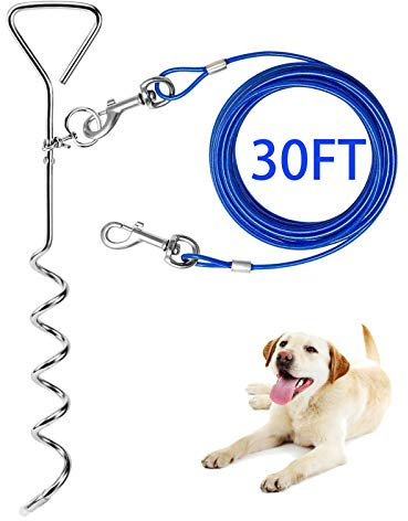 Hundeleine und rostfreier Spiralpfahl, 9 m Lange Außenleine und Kette für Camping und Hof, 40,6 cm, strapazierfähig, für mittelgroße und große Hunde bis zu 56,7 kg, 9 m, Blau