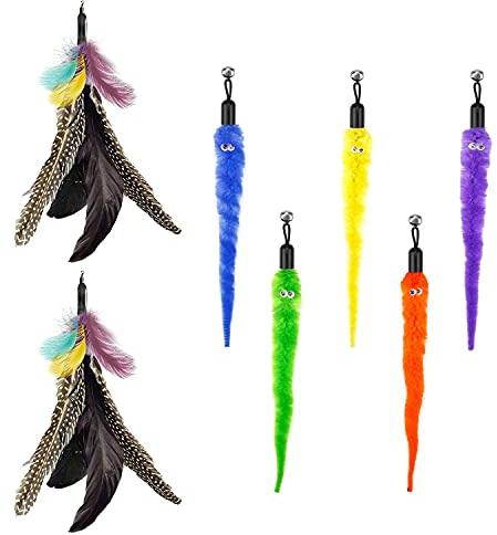 FYNIGO Cat Toys for Indoor Cats Kitten,Cat Teaser Wand Toy Replacement Refills,Cat Feather Toy Accessories,5 Colorful Worms and 2 Natural Bird Feather Refills