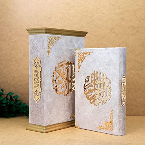 Premium Quran Karem Heiliges Buch, elegantes Slub Yaseen Surah Taschenbuch, Gebetsperlen & elegante Slub Stofftasche Sets I 4-teiliges Set I Janamaz | Sajadah | Islamische Geschenksets (blau)