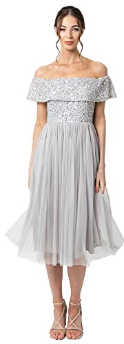 Maya Deluxe Women's Ladies Bardot Dresses Midi High Empire Waist Sequins Embellished Formal Evening for Wedding Guest Bridesmaid, Soft Grey, 26