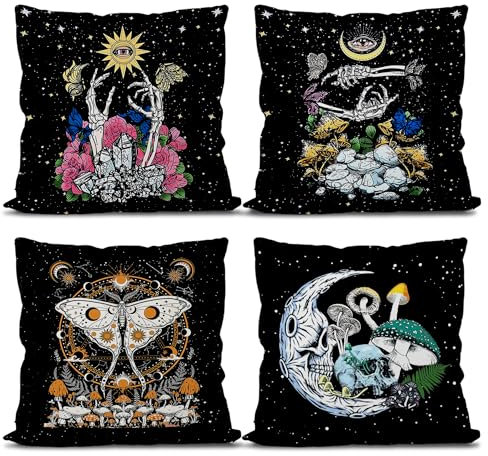 Mystische Sonne, Mond, Stern, Tarot-Pilz, Dekor, Überwurf-Kissenbezug, 45.7x45.7 cm, Set mit 4 Kissenbezügen, Blumen, Gothic, Hippie, Schmetterling, Geschenke, College, Wohnheim-Dekoration