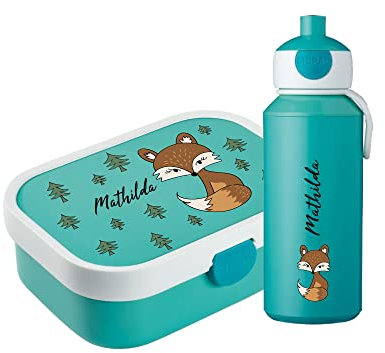 4youDesign Mepal Bento Box & Trinkflasche Set personalisiert Fuchs türkis – Geschenk für Kinder Weihnachten, Nikolaus, Geburtstag – BPA frei - Auslaufsicher – Brotdose 750ml, 400ml Flasche