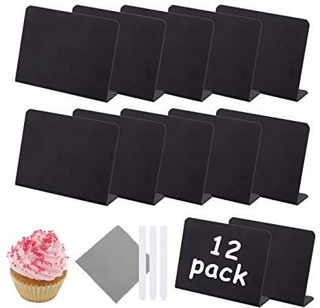 Mini Kreidetafel Set 12 Stück zum Beschriften Kleine Tafeln mit 3 Markierungsstiften und 1 Grauem Reinigungstuch Kleine Kunststoffschilder für Hochzeit Party Lebensmittel