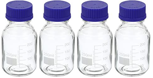 PATIKIL 250mL Reagent Media Bottle, 4Pcs Round Graduated Glass Storage Bottle Blue Screw Cap for Chemistry Lab Universities Home, Clear